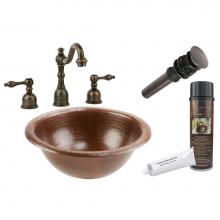 Premier Copper Products BSP2_LR12RDB - Small Round Self Rimming Hammered Copper Sink with ORB Widespread Faucet, Matching Drain and Acces