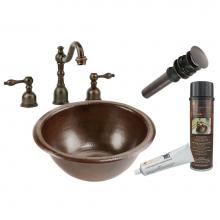 Premier Copper Products BSP2_LR14RDB - Small Round Self Rimming Hammered Copper Sink with ORB Widespread Faucet, Matching Drain and Acces