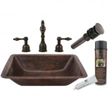 Premier Copper Products BSP2_LREC19DB - Rectangle Under Counter Hammered Copper Sink with ORB Widespread Faucet, Matching Drain and Access