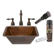 Premier Copper Products BSP2_LRECDB - Rectangle Hammered Copper Sink with ORB Widespread Faucet, Matching Drain and Accessories