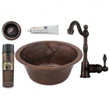 Premier Copper Products BSP4_BR16GDB2-B - 16'' Round Copper Bar/Prep Sink W/ Grapes, ORB Single Handle Bar Faucet, 2'' S