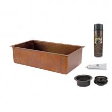 Premier Copper Products KSP3_KSB33199 - 33'' Antique Hammered Copper Kitchen Single Basin Sink with Matching Drain and Accessori