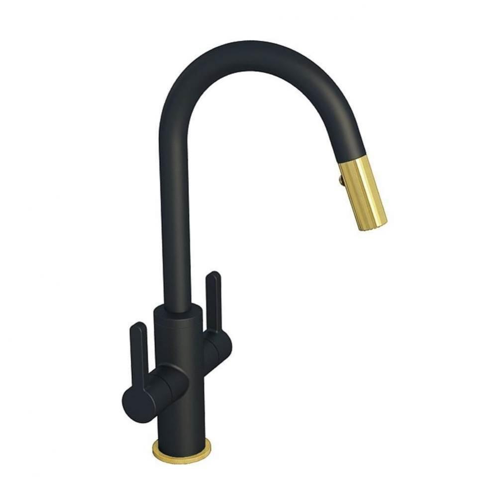 Edge Two-Lever Handle Kitchen Faucet With Swivel Spout And Pull-Down Spray, Matte Black/Brushed Go