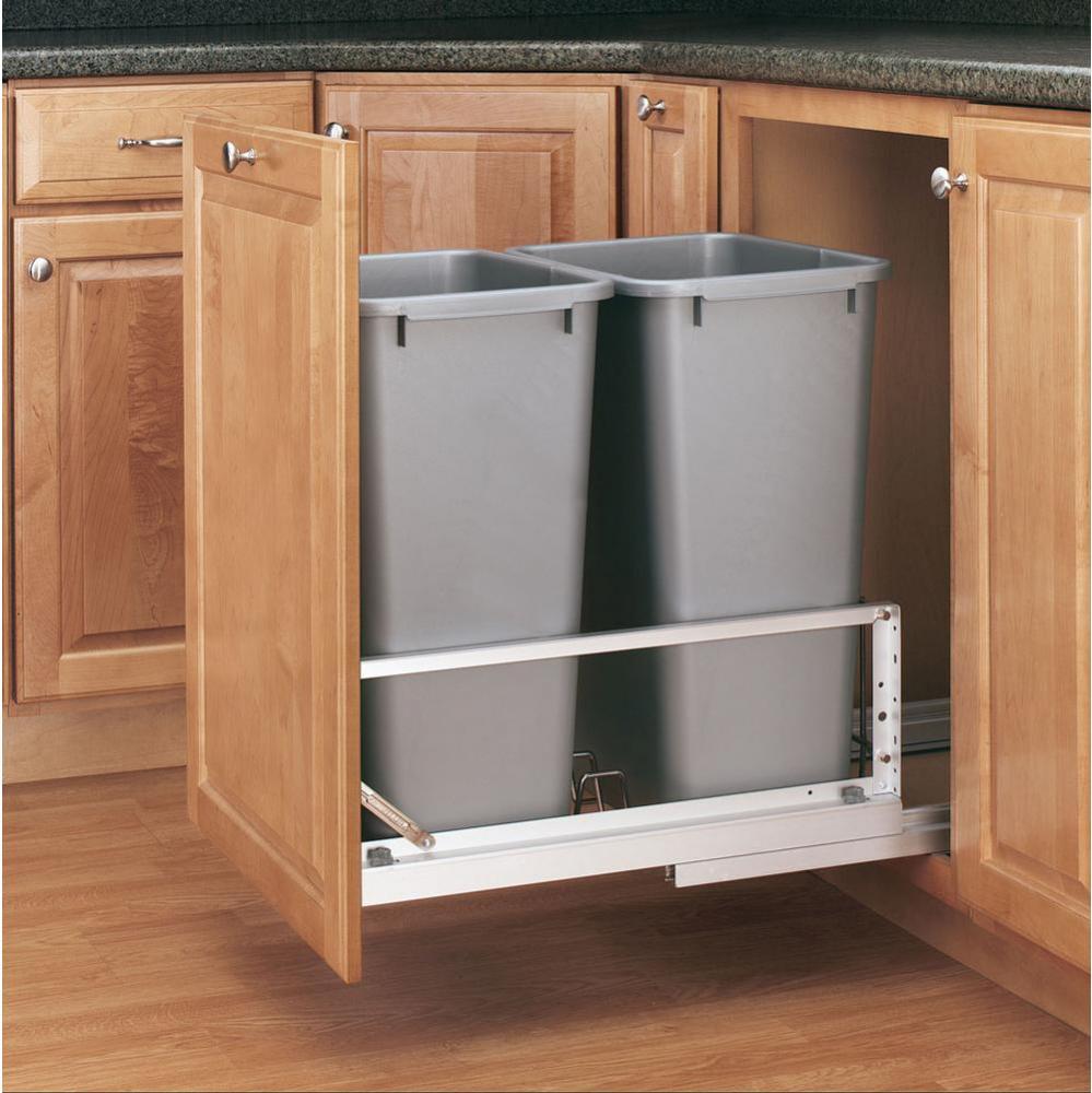 Aluminum Pull Out Double Trash/Waste Container for Full Height Cabinets w/Soft Close