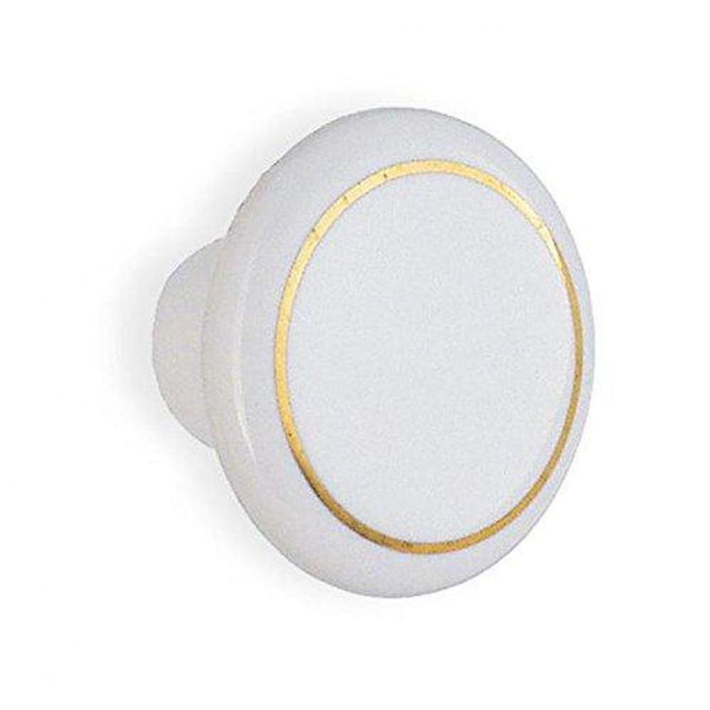 White Porcelain Knob W Gold Rim 1½ Diam,