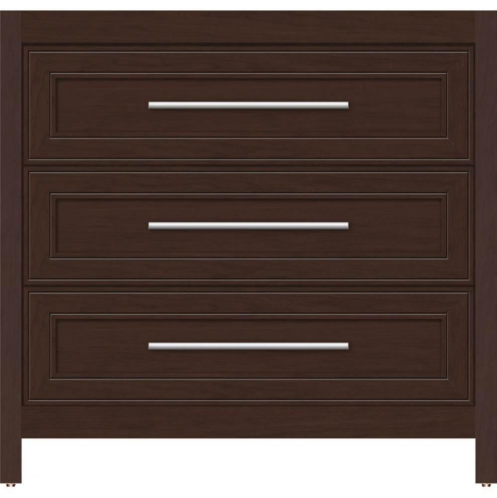 36 X 18.5 X 34.5 Belltown Vanity Deco Miter Choc Cherry 3 Drw