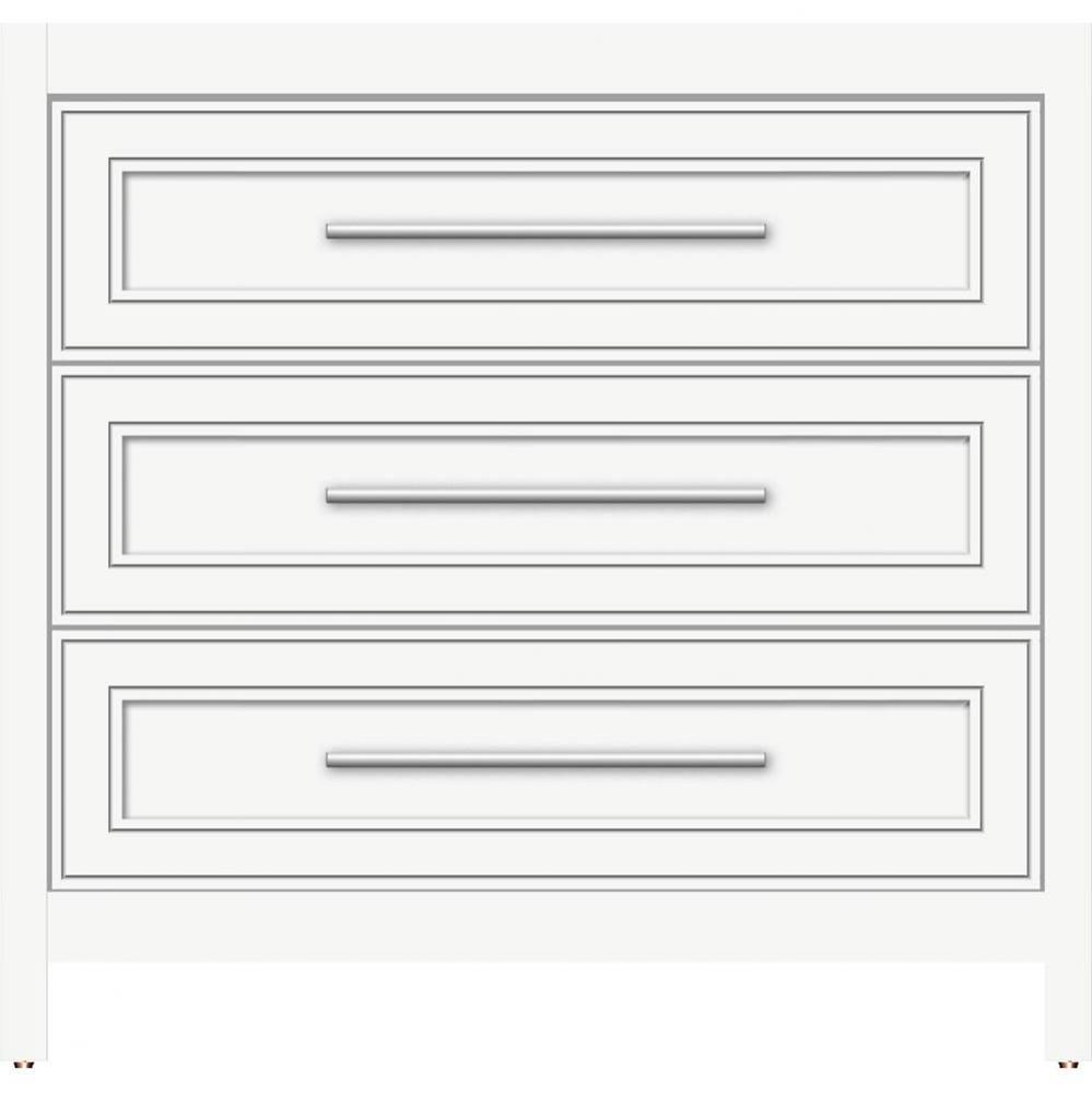 36 X 18.5 X 34.5 Belltown Vanity Deco Miter Sat White 3 Drw