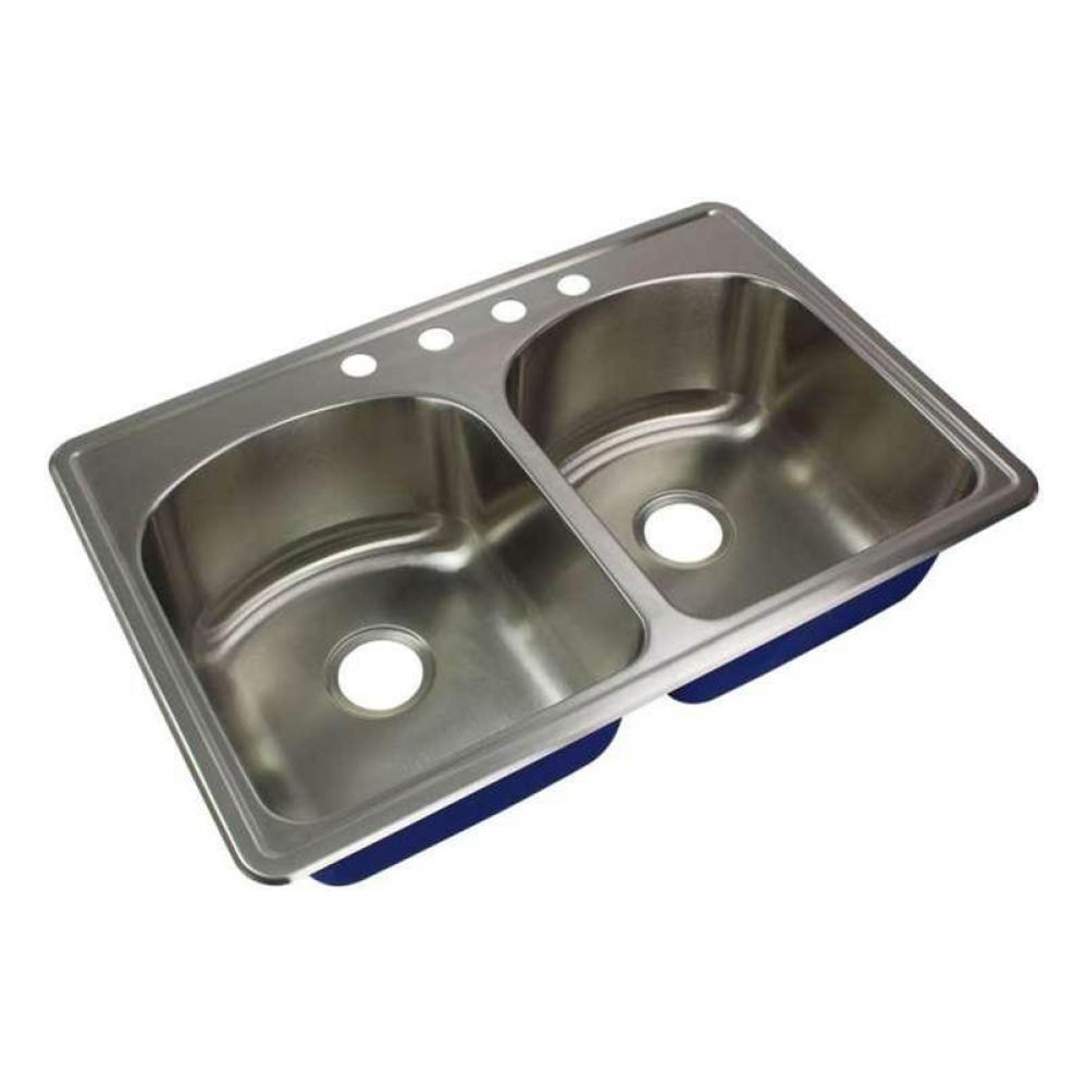 Meridian 33in x 22in 16 Gauge Drop-in Double Bowl Kitchen Sink with 4 Faucet Holes
