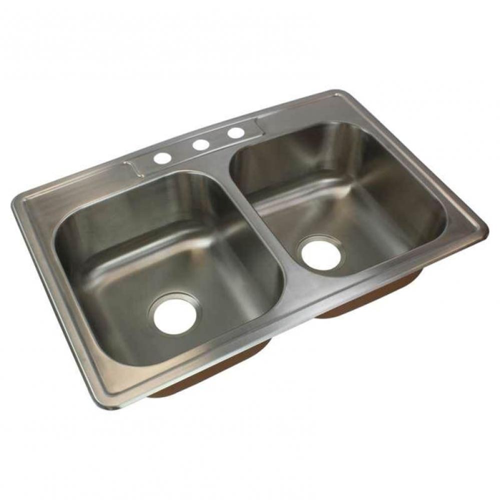 Classic 33in x 22in 18 Gauge Drop-in Double Bowl Kitchen Sink with 3 Faucet Holes