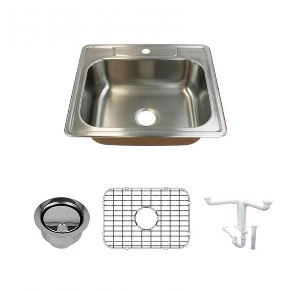 Classic 25in x 22in 18 Gauge Drop-in Single Bowl Kitchen Sink with 1-Hole with Grids, Strainer, In
