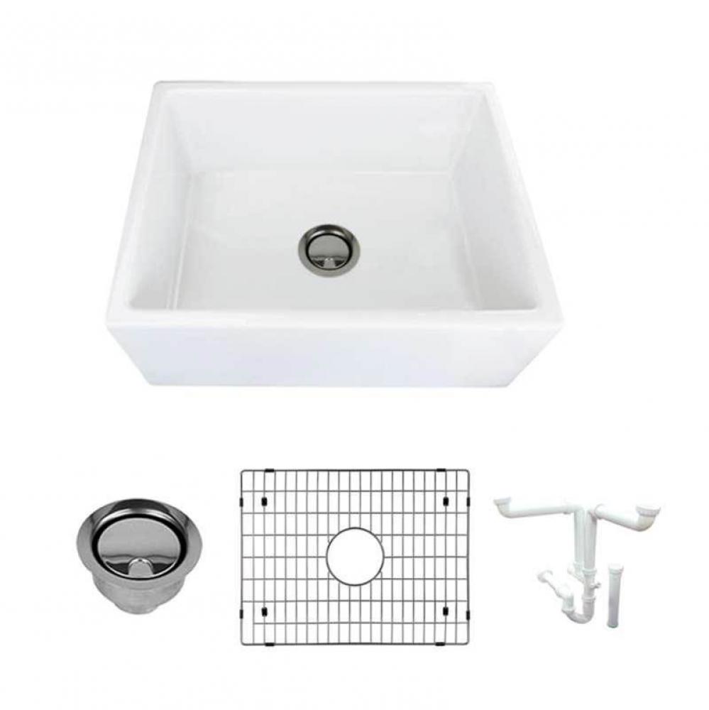 Porter 24in x 18in Undermount Single Bowl Farmhouse Fireclay Kitchen Sink, in White with Grid, Str