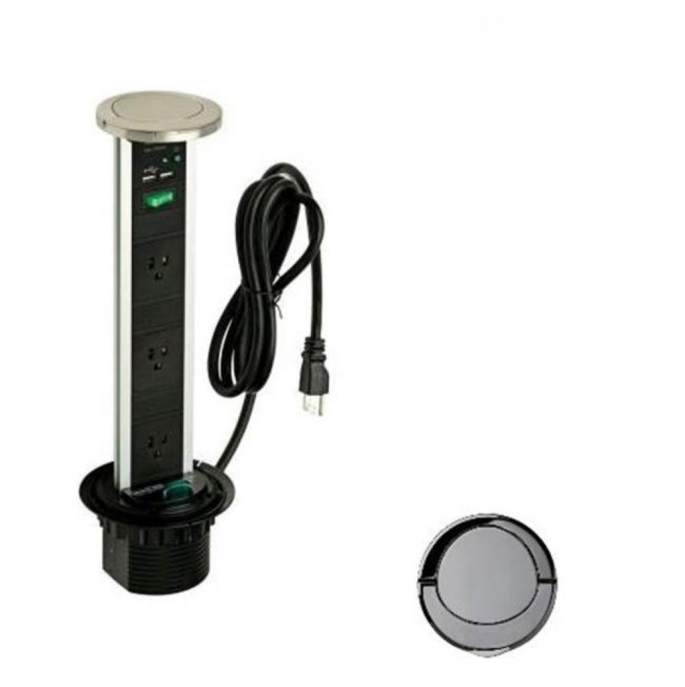 Pop Up Power and Charging Station with 3-socket and 2-usb outlets, Gun Metal