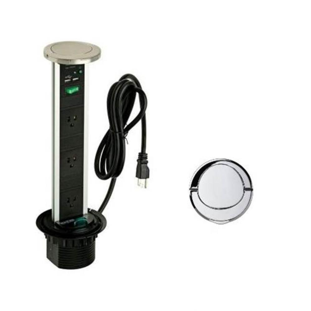 Pop Up Power and Charging Station with 3-socket and 2-usb outlets, Stainless Steel