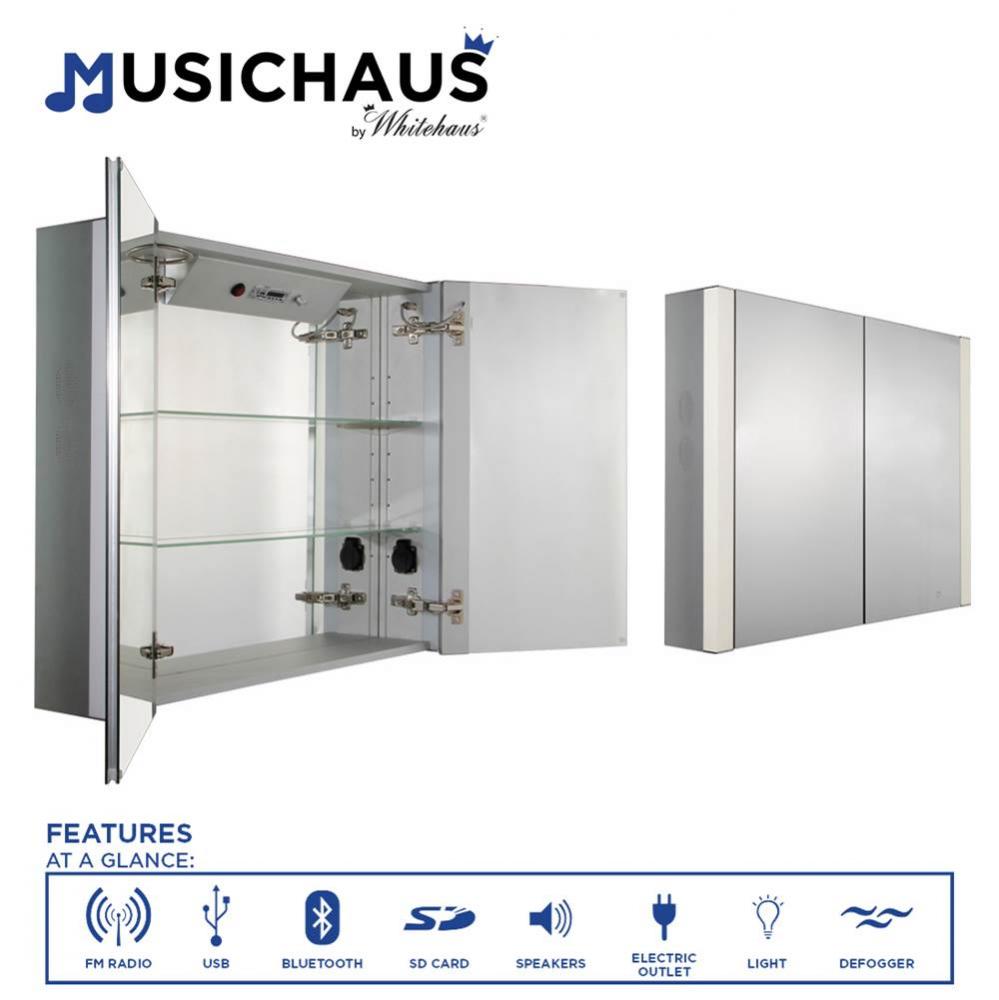 Musichaus Double Mirrored Door Medicine Cabinet with USB, SD Card, Bluetooth, FM radio, Speakers,