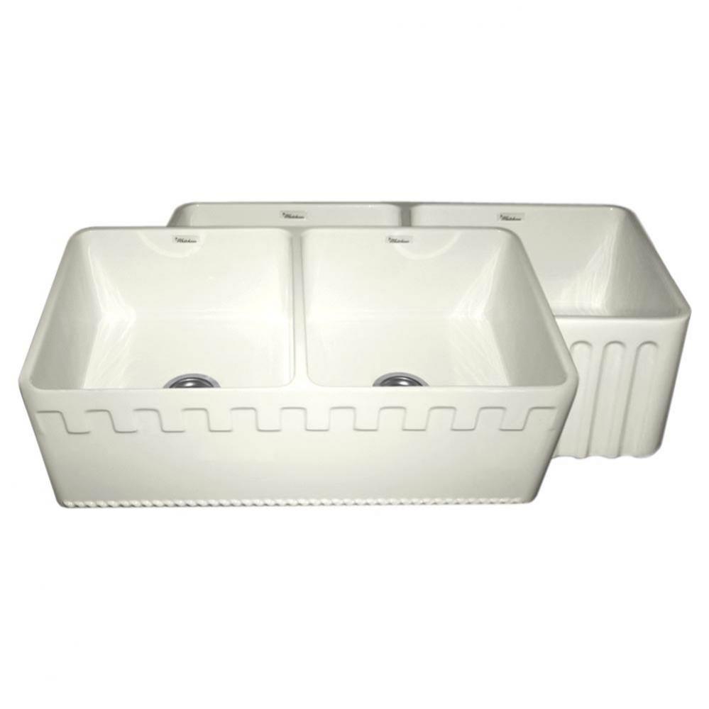 Farmhaus Fireclay Reversible Double Bowl Sink with a Castlehaus Design Front Apron on One Side  an