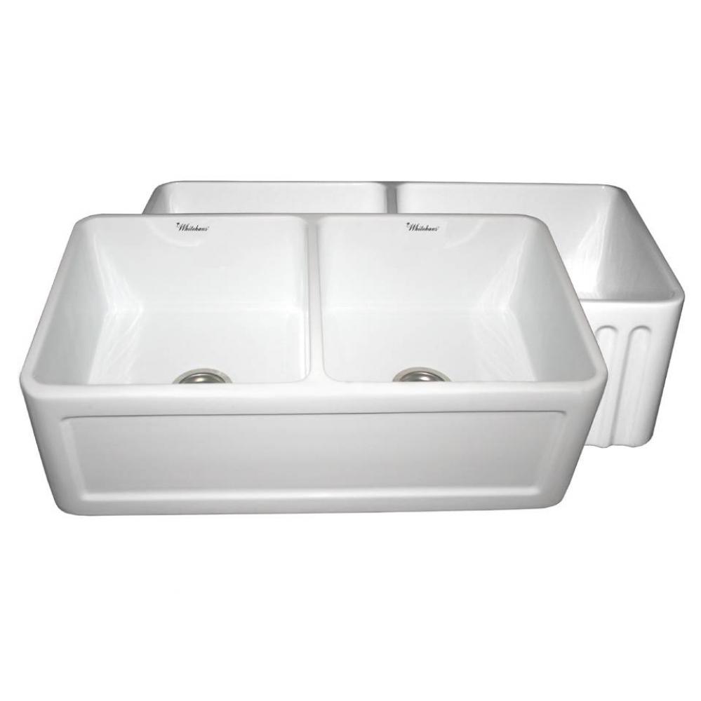 Farmhaus Fireclay Reversible Double Bowl Sink with a Concave Front Apron on One Side and Fluted Fr