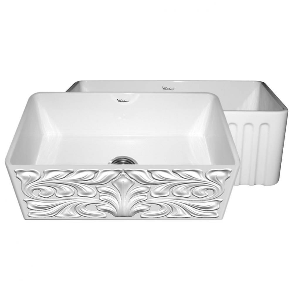 Farmhaus Fireclay Reversible Sink with a Gothichaus Swirl Design Front Apron on One Side, and a Fl