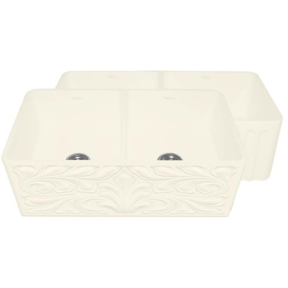 Farmhaus Fireclay Reversible Double Bowl Sink w/a Gothichaus Swirl Design Front Apron on One Side,