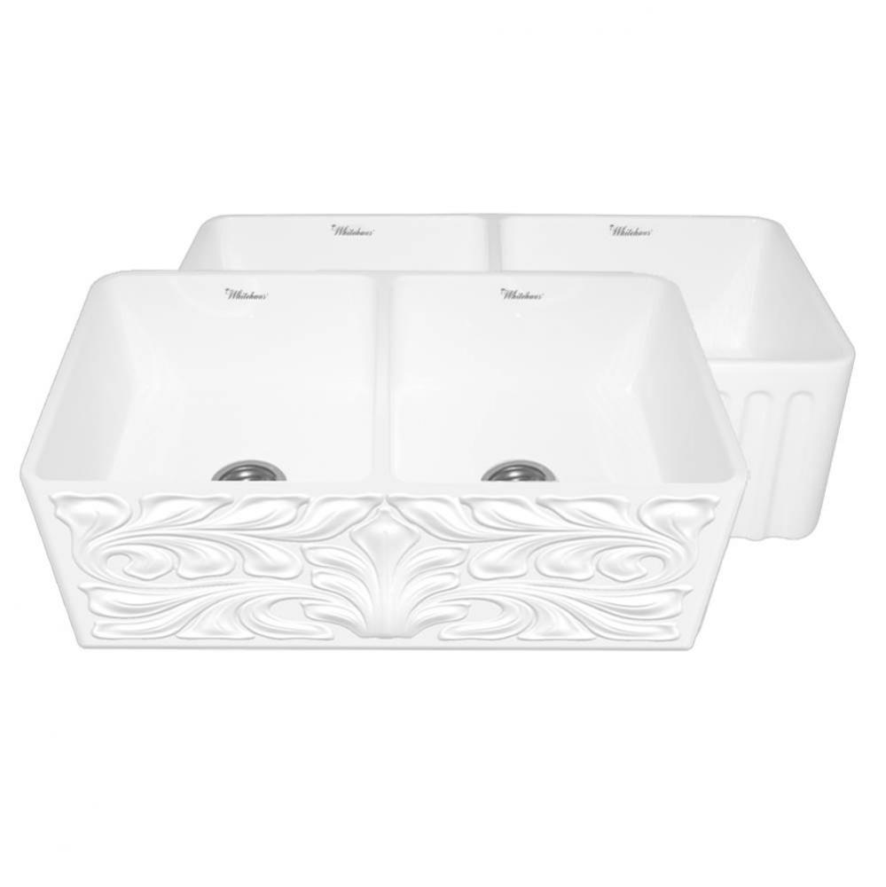 Farmhaus Fireclay Reversible Double Bowl Sink w/a Gothichaus Swirl Design Front Apron on One Side,