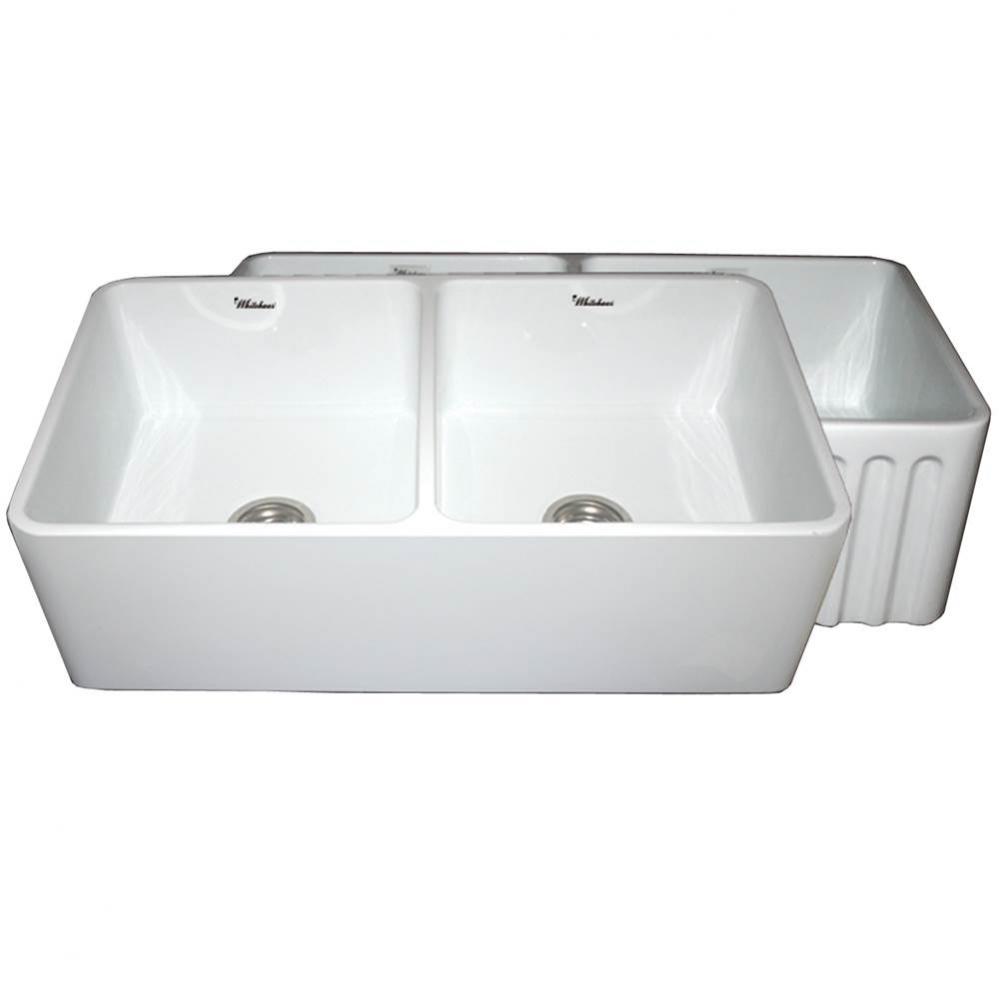 Farmhaus Fireclay Reversible Double Bowl Kitchen Sink with Smooth Front Apron on One Side  an