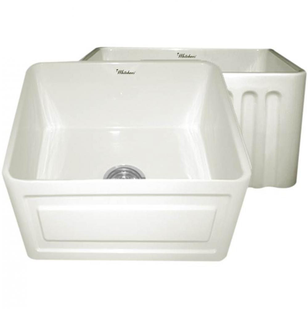 Farmhaus Fireclay Reversible Sink with a Raised Panel Front Apron on One Side and Fluted Front Apr