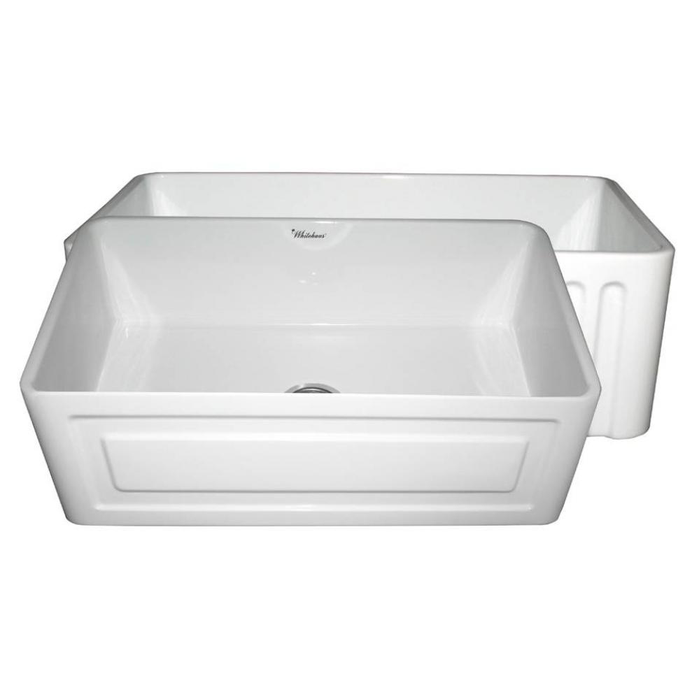 Farmhaus Fireclay Reversible Sink with a Raised Panel Front Apron on One Side and Fluted Front Apr