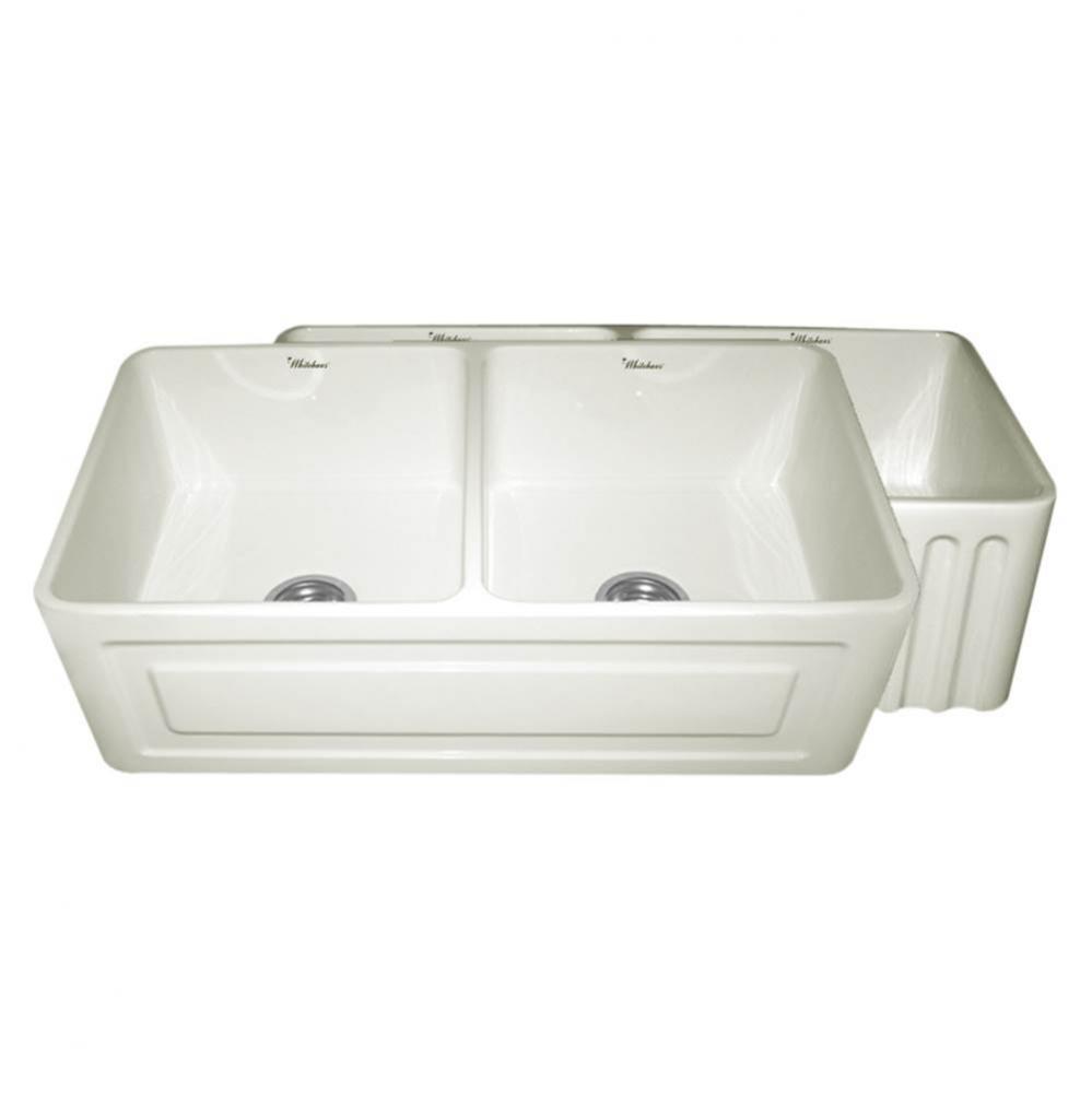 Farmhaus Fireclay Reversible Double Bowl Sink with a Raised Panel Front Apron on One Side and Flut