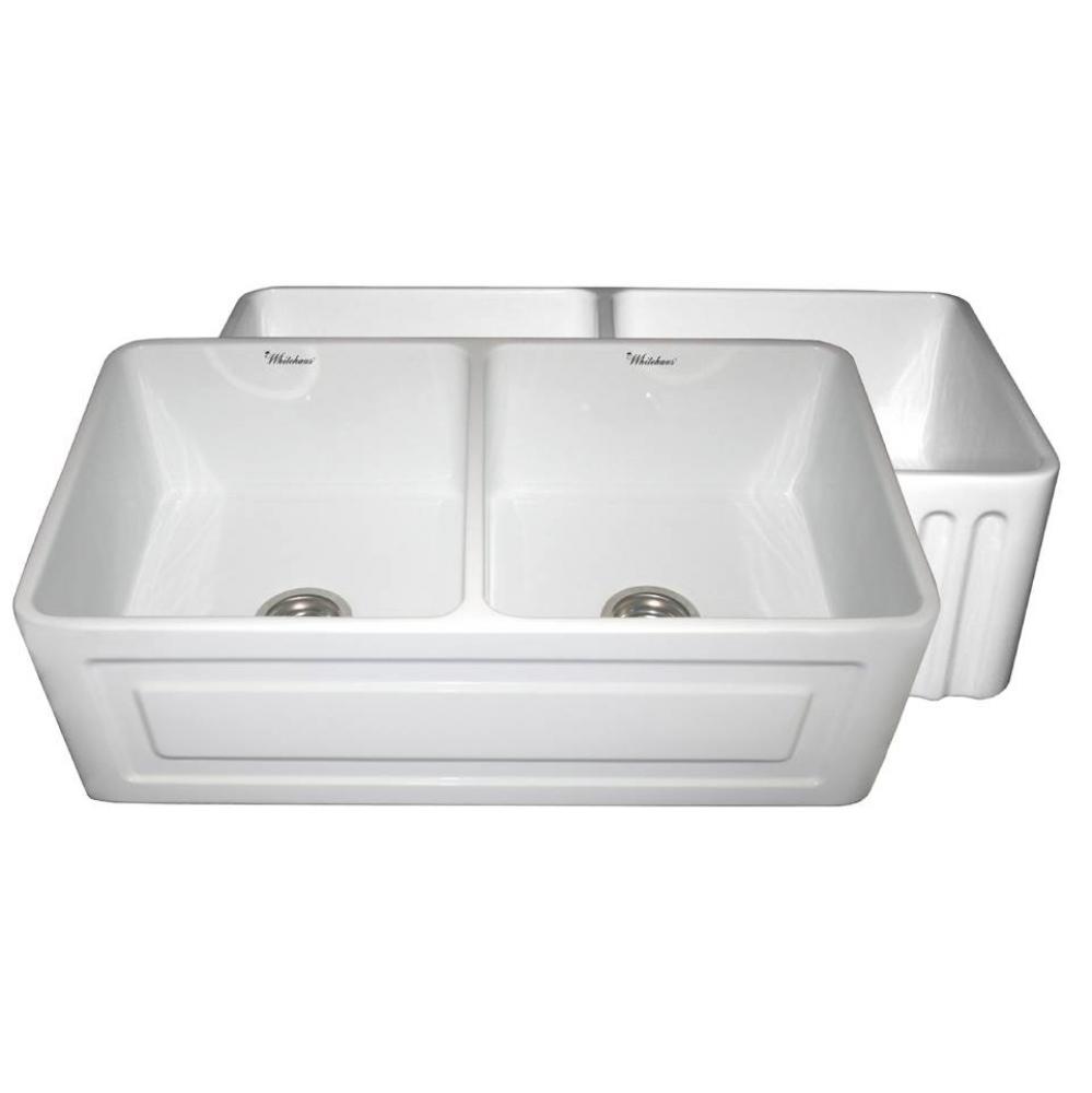Farmhaus Fireclay Reversible Double Bowl Sink with a Raised Panel Front Apron on One Side and Flut