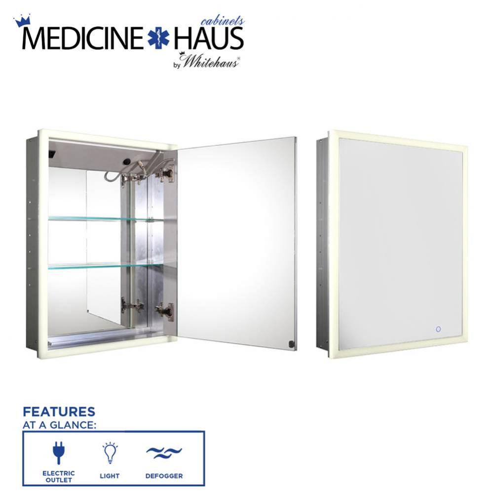 Medicinehaus Recessed Single Mirrored Door Medicine Cabinet with Outlet, Defogger, LED Power Butto