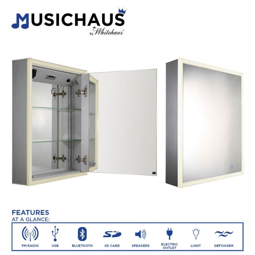 Musichaus Single Mirrored Door Medicine Cabinet with USB, SD Card, Bluetooth, FM radio, Speakers,
