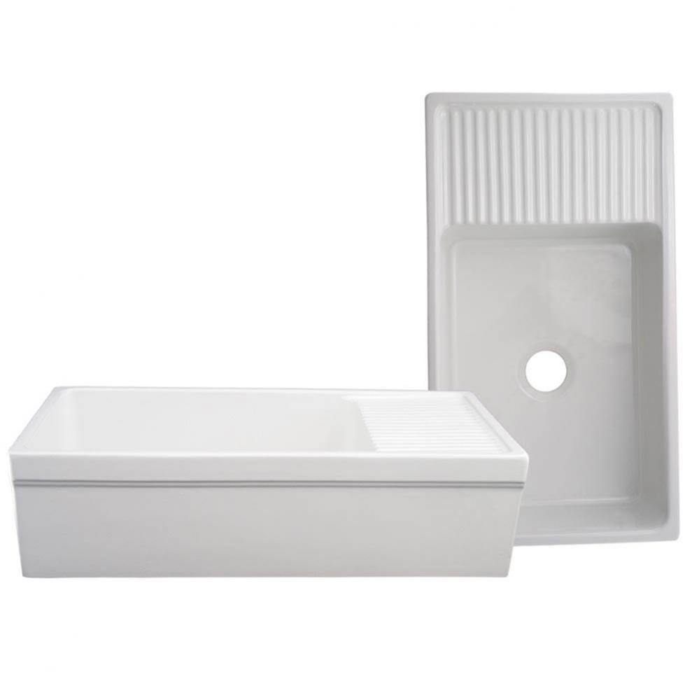 Farmhaus Fireclay Quatro Alcove Large Reversible Sink with Integral Drainboard and Decorative 2 1/