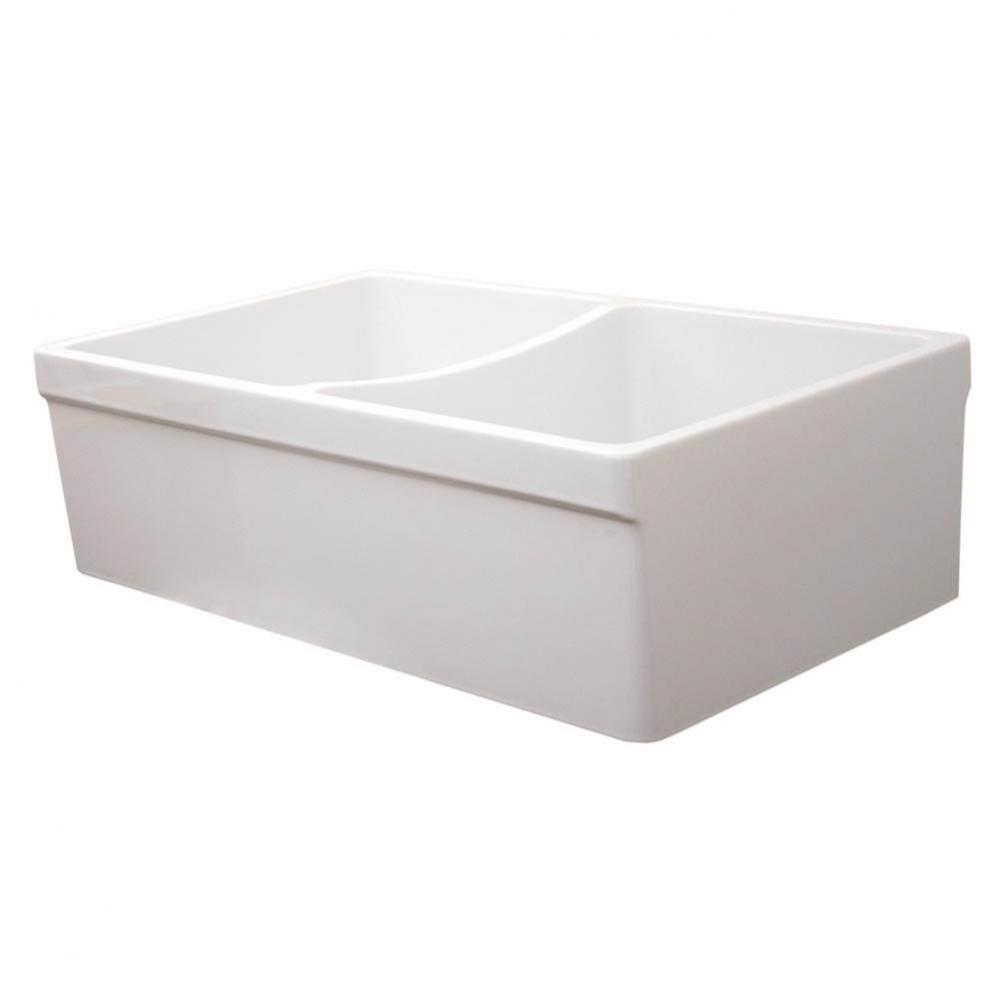 Farmhaus Fireclay Quatro Alcove Reversible Double Bowl Sink with 2'' Lip on One Side and