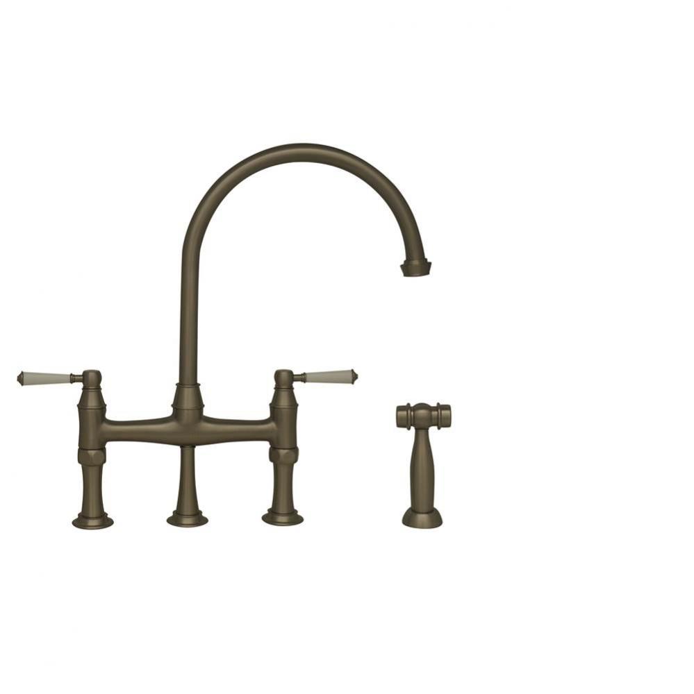 Queenhaus Bridge Faucet with Long Gooseneck Spout, Porcelain Lever Handles and Solid Brass Side Sp