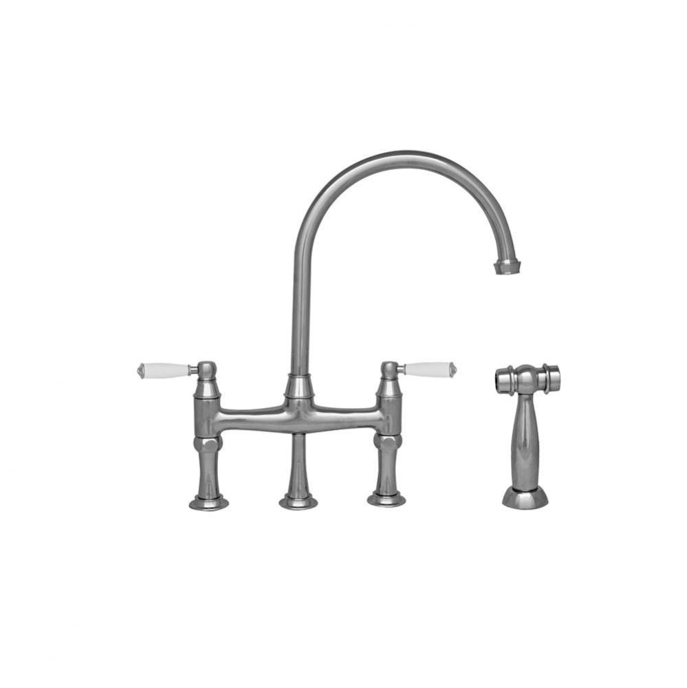 Queenhaus Bridge Faucet with Long Gooseneck Spout, Porcelain Lever Handles and Solid Brass Side Sp