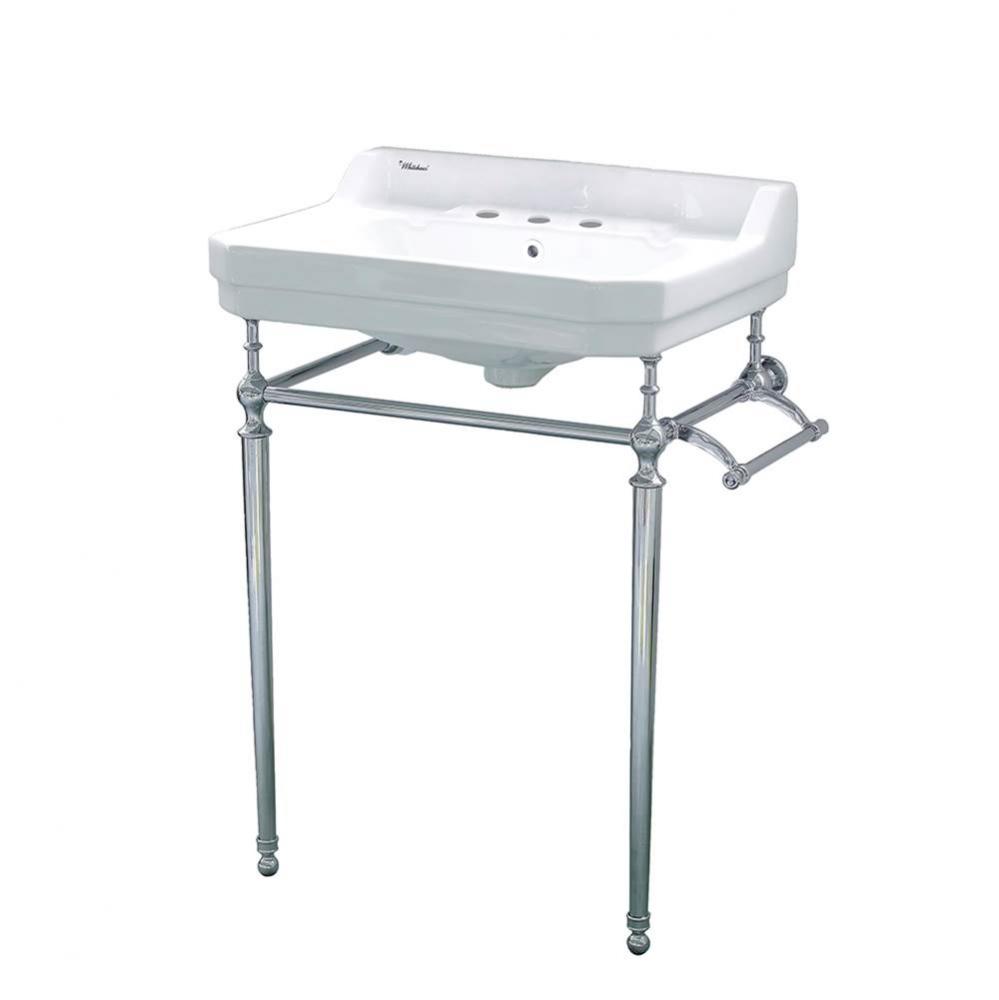 Console w/integrated rectangular bowl w/widespread hole drill, polished chrome leg support, interc