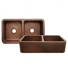 Whitehaus WH3621COFCD-OCH - Copperhaus Rectangular Double Bowl Undermount Sink with Hammered Front Apron