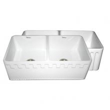 Whitehaus WHFLATN3318-WHITE - Farmhaus Fireclay Reversible Double Bowl Sink with a Castlehaus Design Front Apron on One Side  an