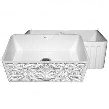 Whitehaus WHFLGO3018-WHITE - Farmhaus Fireclay Reversible Sink with a Gothichaus Swirl Design Front Apron on One Side, and a Fl