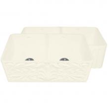 Whitehaus WHFLGO3318-BISCUIT - Farmhaus Fireclay Reversible Double Bowl Sink w/a Gothichaus Swirl Design Front Apron on One Side,