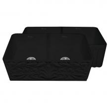 Whitehaus WHFLGO3318-BLACK - Farmhaus Fireclay Reversible Double Bowl Sink w/a Gothichaus Swirl Design Front Apron on One Side,