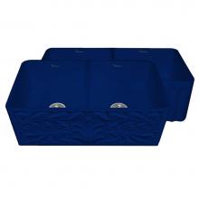 Whitehaus WHFLGO3318-BLUE - Farmhaus Fireclay Reversible Double Bowl Sink w/a Gothichaus Swirl Design Front Apron on One Side,