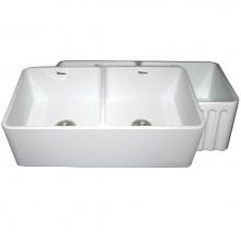 Whitehaus WHFLPLN3318-WHITE - Farmhaus Fireclay Reversible Double Bowl Kitchen Sink with Smooth Front Apron on One Side  an