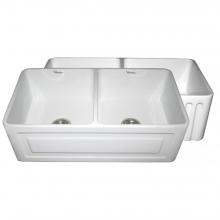 Whitehaus WHFLRPL3318-WHITE - Farmhaus Fireclay Reversible Double Bowl Sink with a Raised Panel Front Apron on One Side and Flut
