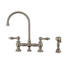 Whitehaus WHKBTLV3-9101-NT-BN - Vintage III Plus Bridge Faucet with Long Gooseneck Swivel Spout, Lever Handles and Solid Brass Sid