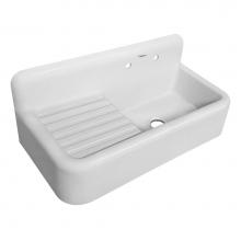 Whitehaus WHQD4220-WHITE - Heritage Front Apron Single Bowl Fireclay Sink with Integral Drainboard and High Backsplash