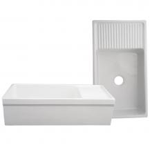Whitehaus WHQD540-WHITE - Farmhaus Fireclay Quatro Alcove Large Reversible Sink with Integral Drainboard and Decorative 2 1/
