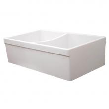 Whitehaus WHQDB532-WHITE - Farmhaus Fireclay Quatro Alcove Reversible Double Bowl Sink with 2'' Lip on One Side and