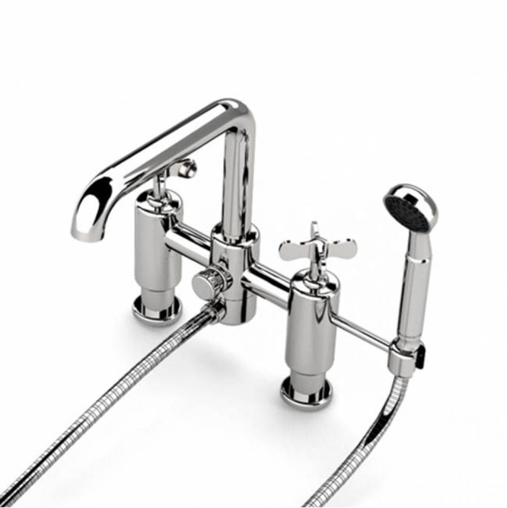 Ludlow Deck Mounted Exposed Tub Filler with Handshower and Metal Cross Handles in