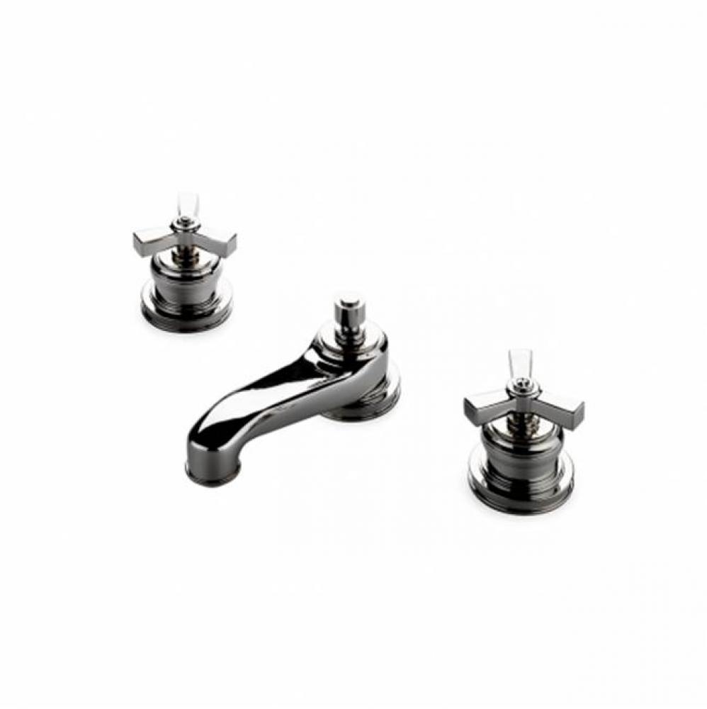 Aero Low Profile Three Hole Deck Mounted Lavatory Faucet with Metal Cross Handles in Shiny