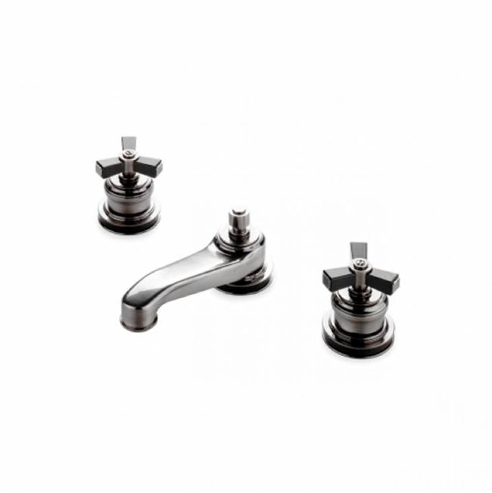 Aero Low Profile Three Hole Deck Mounted Lavatory Faucet with Ebony Cross Handles in Unlacquered